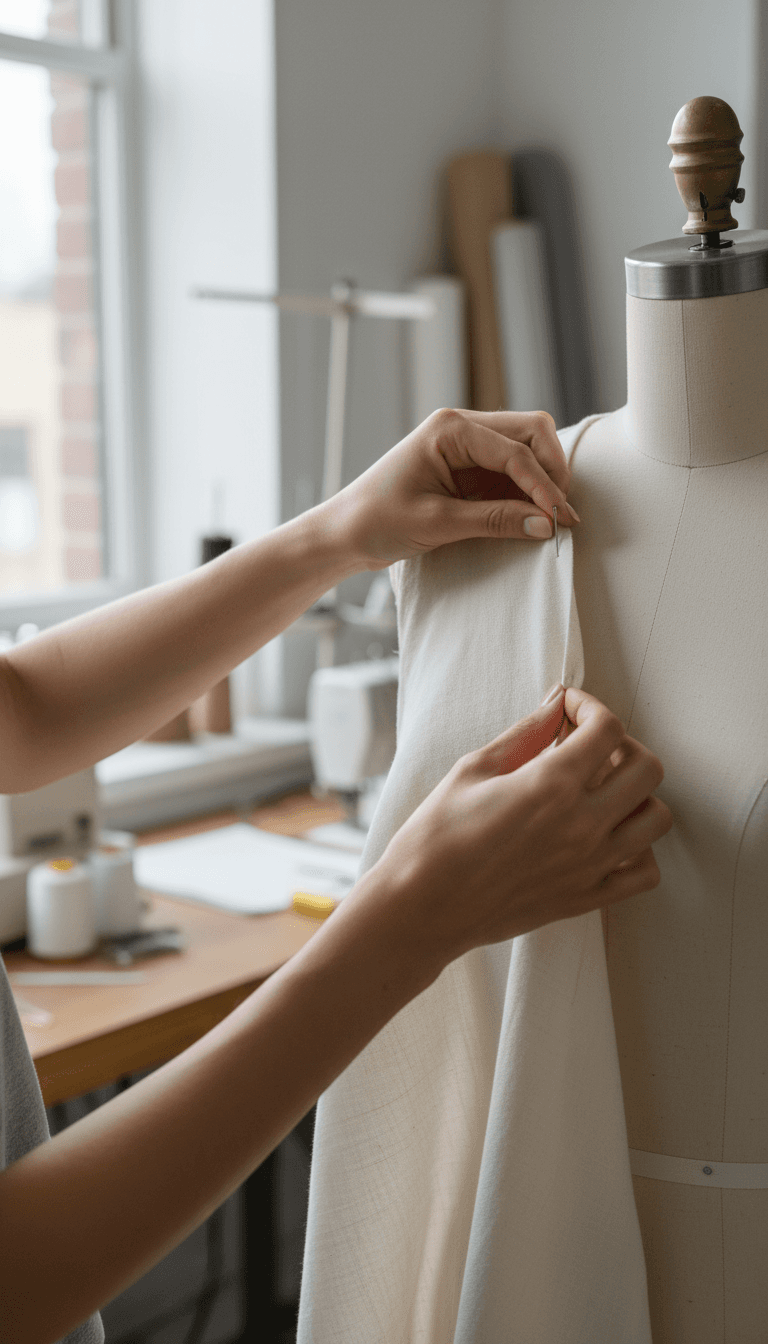 Pinning muslin fabric to a dress form for fit adjustment