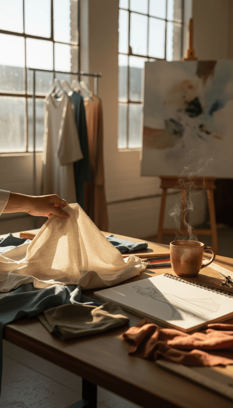 Designer's desk with fabric swatches and garment sketch