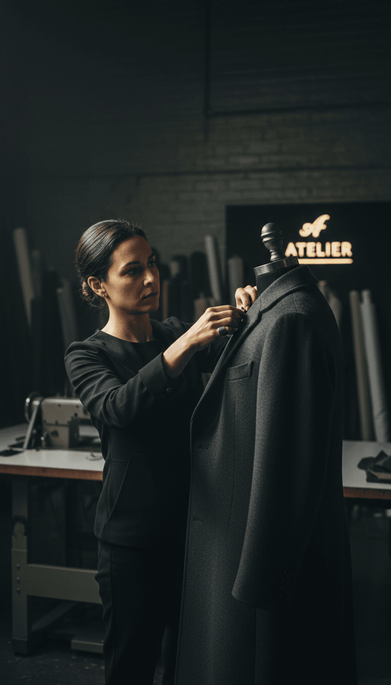 Tailor inspecting a sample garment on a mannequin