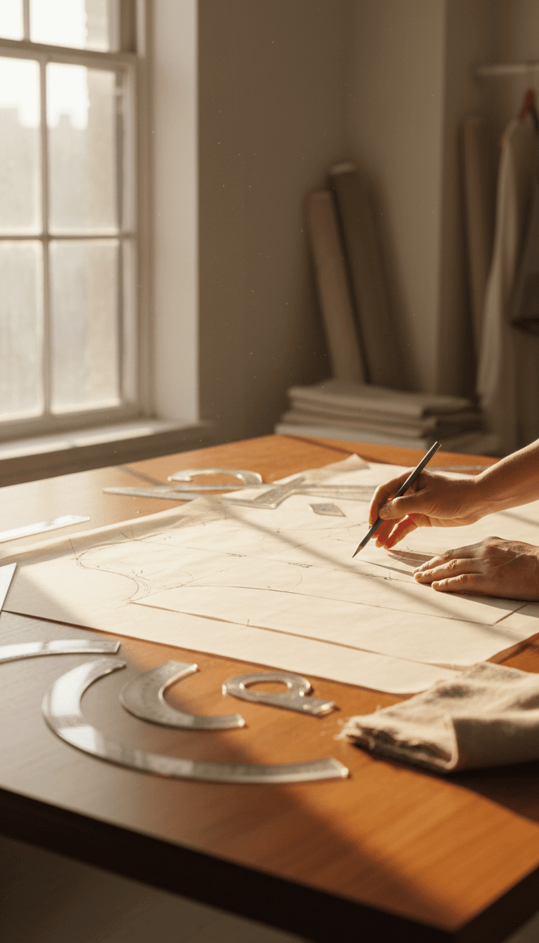 Pattern maker drafting a bodice pattern on paper