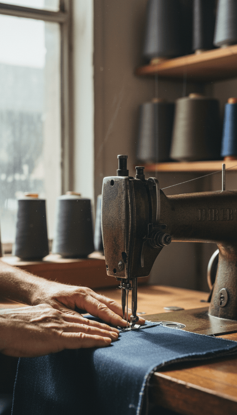 Hands guiding denim through an industrial sewing machine