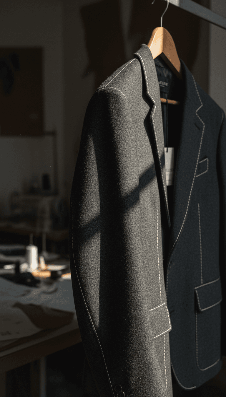 Finished garment sample on a hanger showing seam details