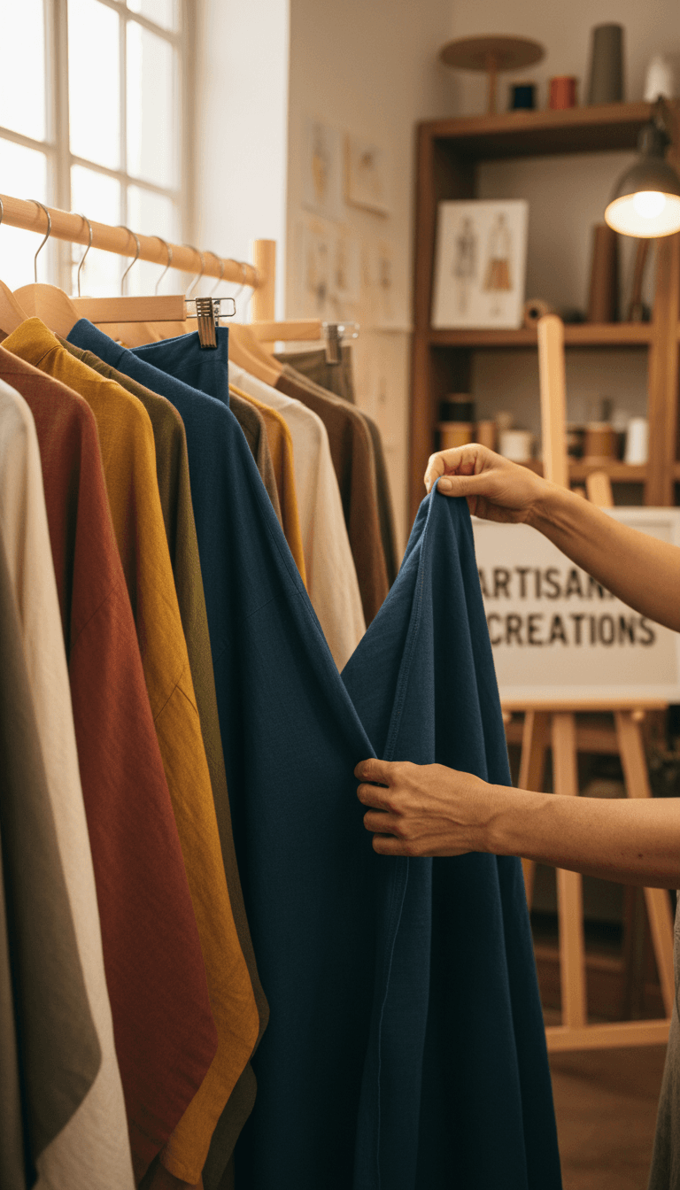 Hands reviewing hanging garment samples in different colors