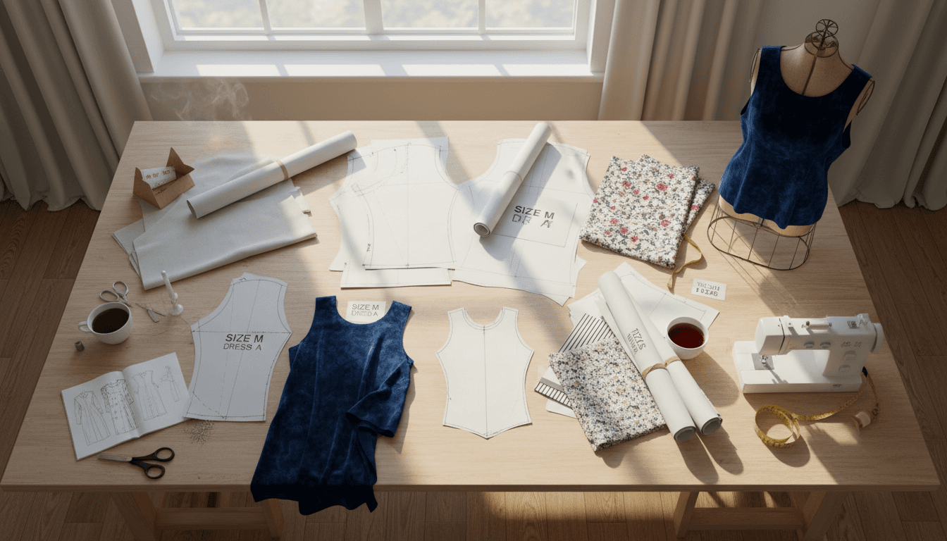 Pattern pieces and fabric swatches spread across a worktable in a Los Angeles garment studio