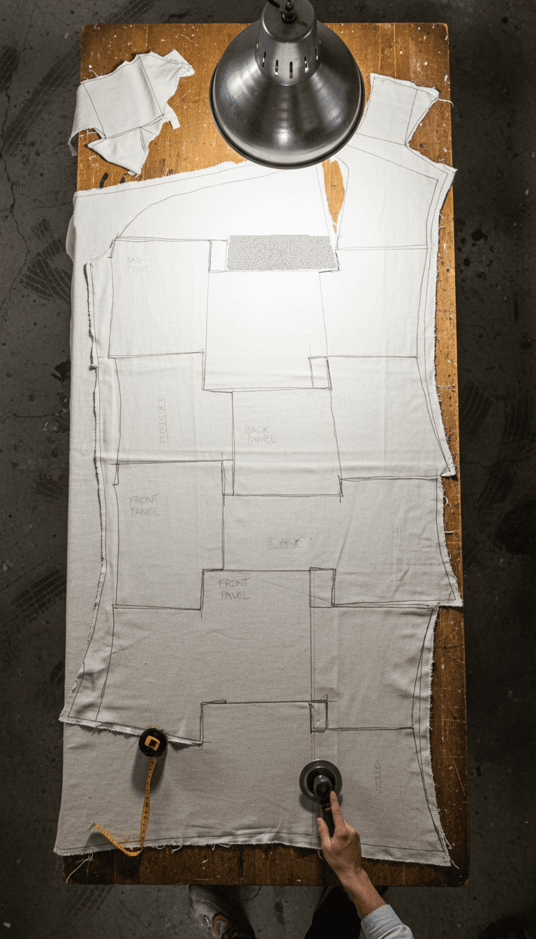 Cutting table with fabric and traced pattern pieces