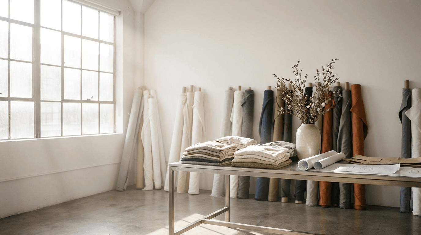 Finished garments hanging on a rack inside a garment production studio