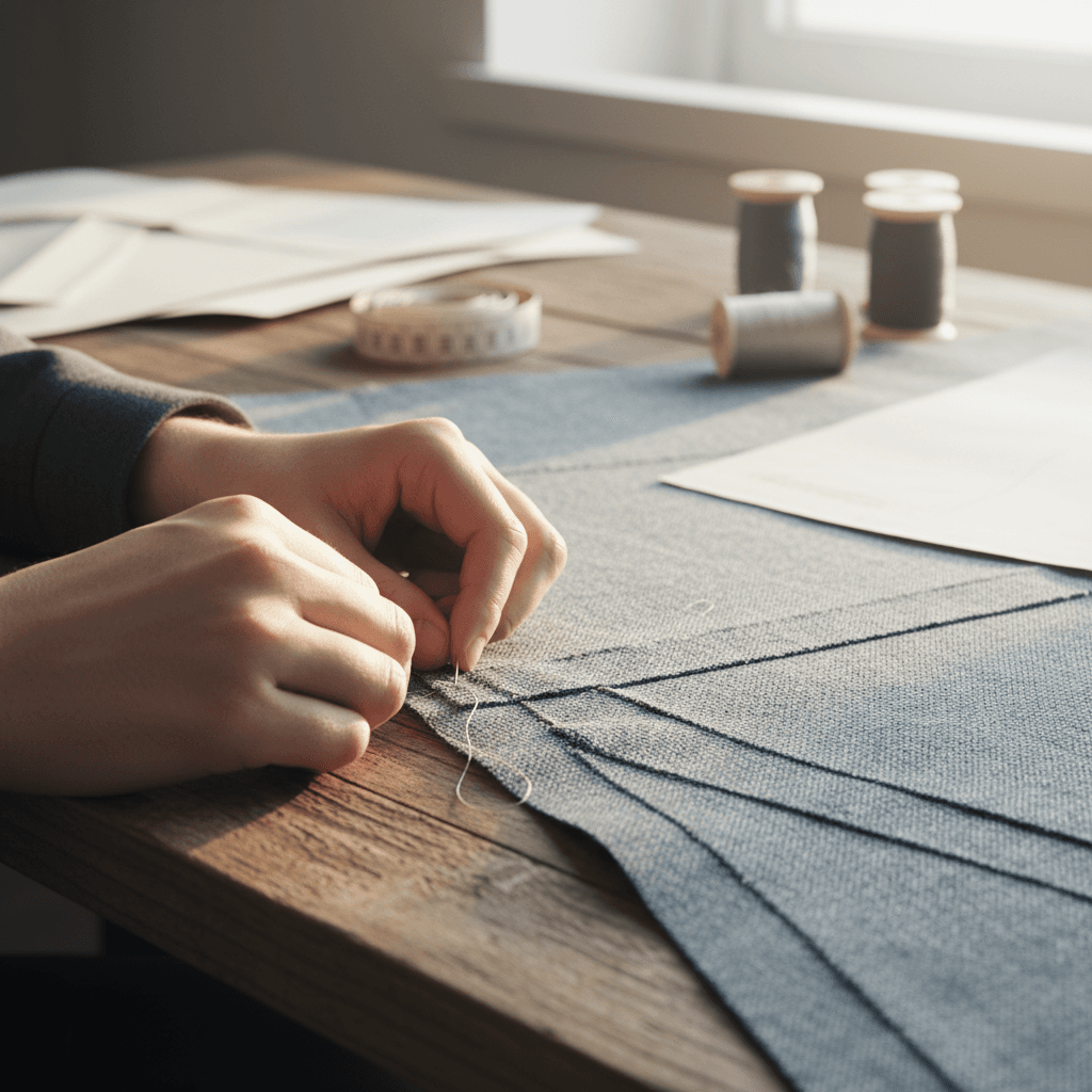Tailor's hands guiding fabric through an industrial sewing machine in a Los Angeles studio