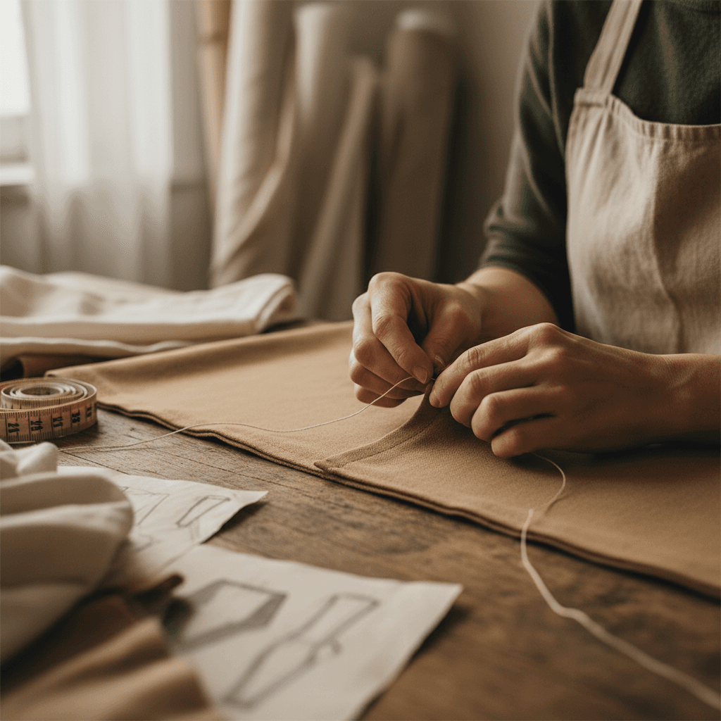 Hands guiding fabric through an industrial sewing machine in a Los Angeles garment studio