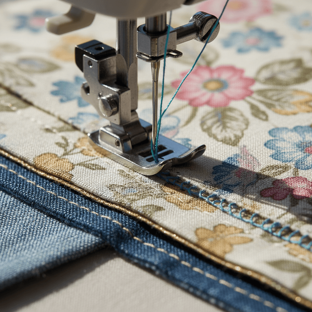 Close-up of denim being sewn on an industrial machine