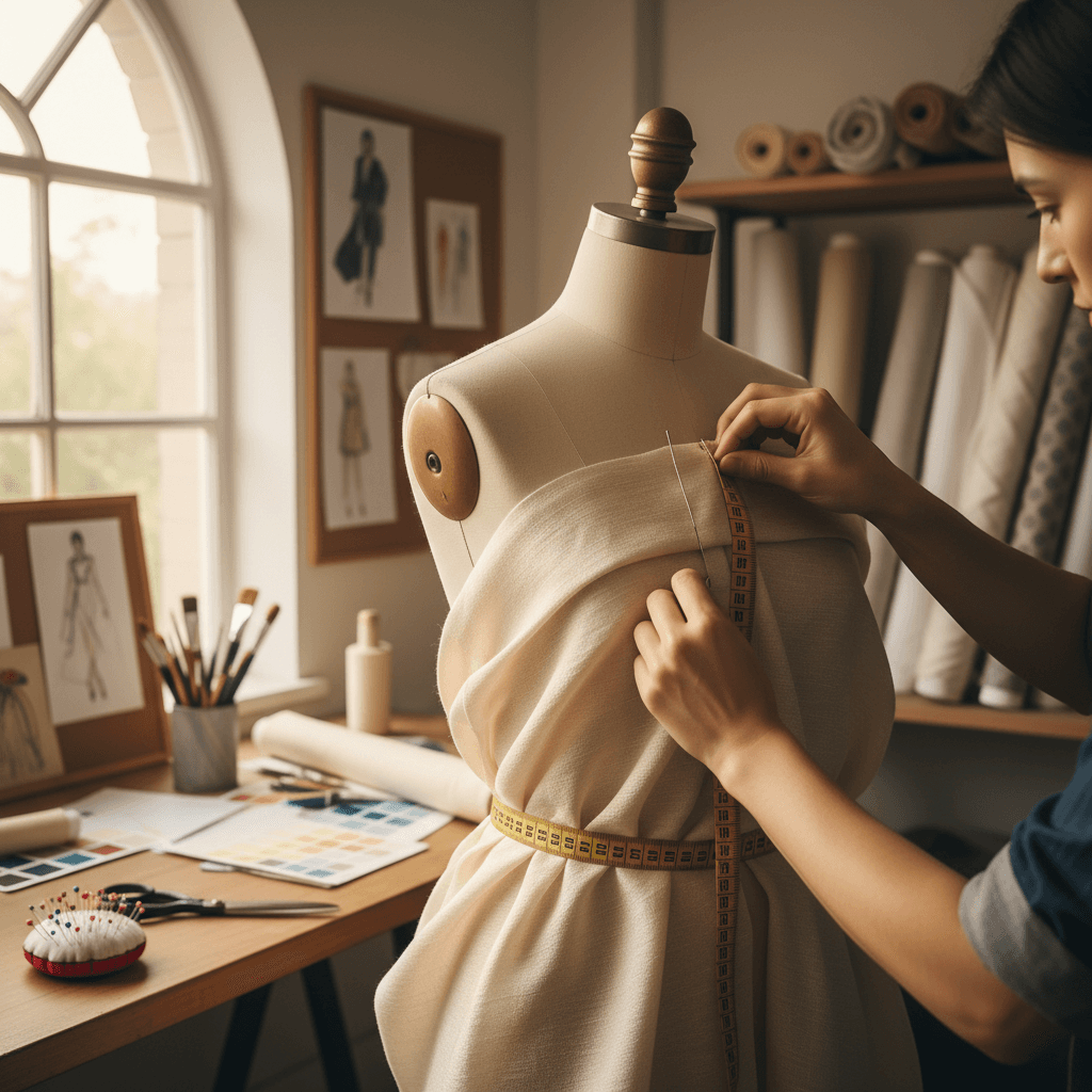 Hands pinning fabric on a dress form in a bright studio