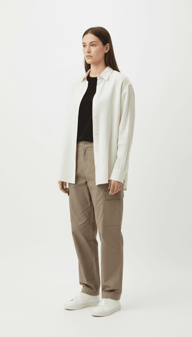 Model wearing a white shirt and beige trousers in a studio