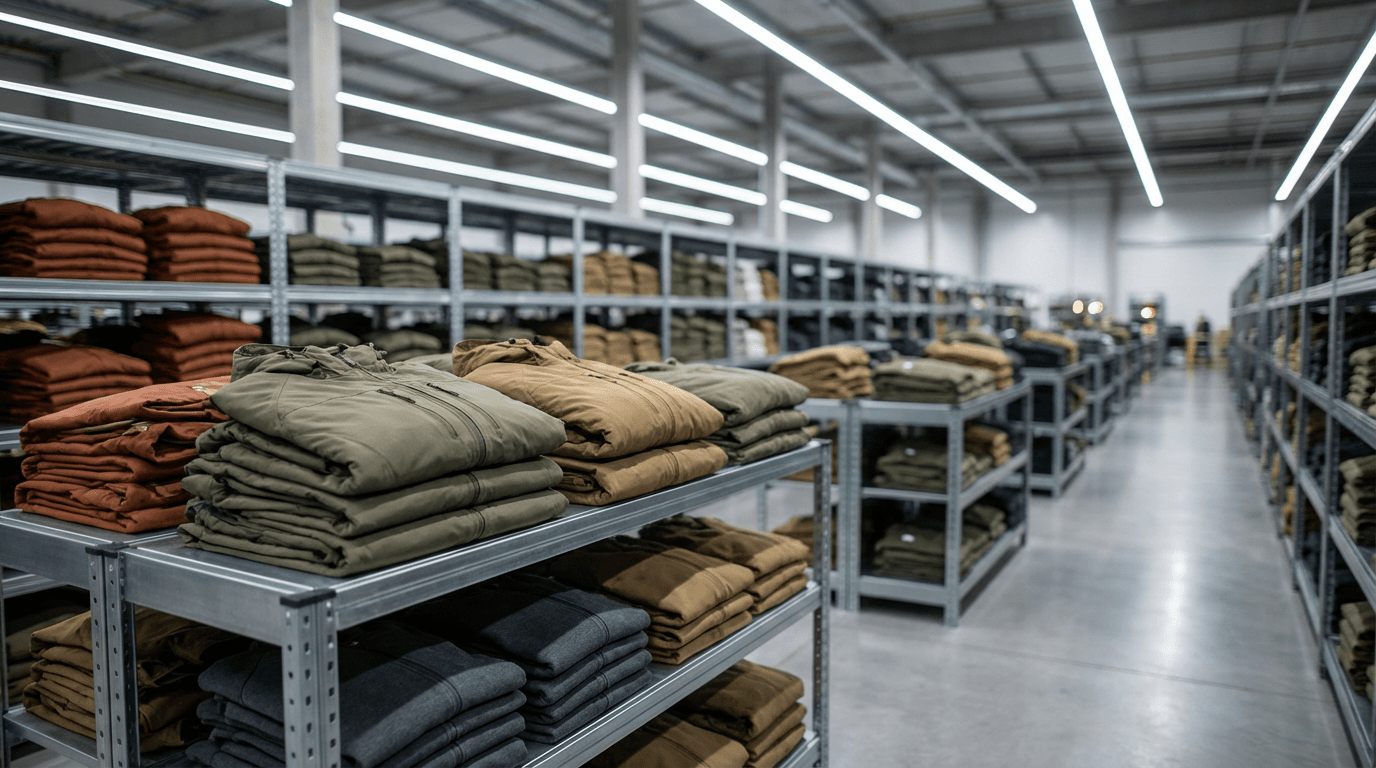 Garment production floor in Los Angeles with cutting tables and sewing stations