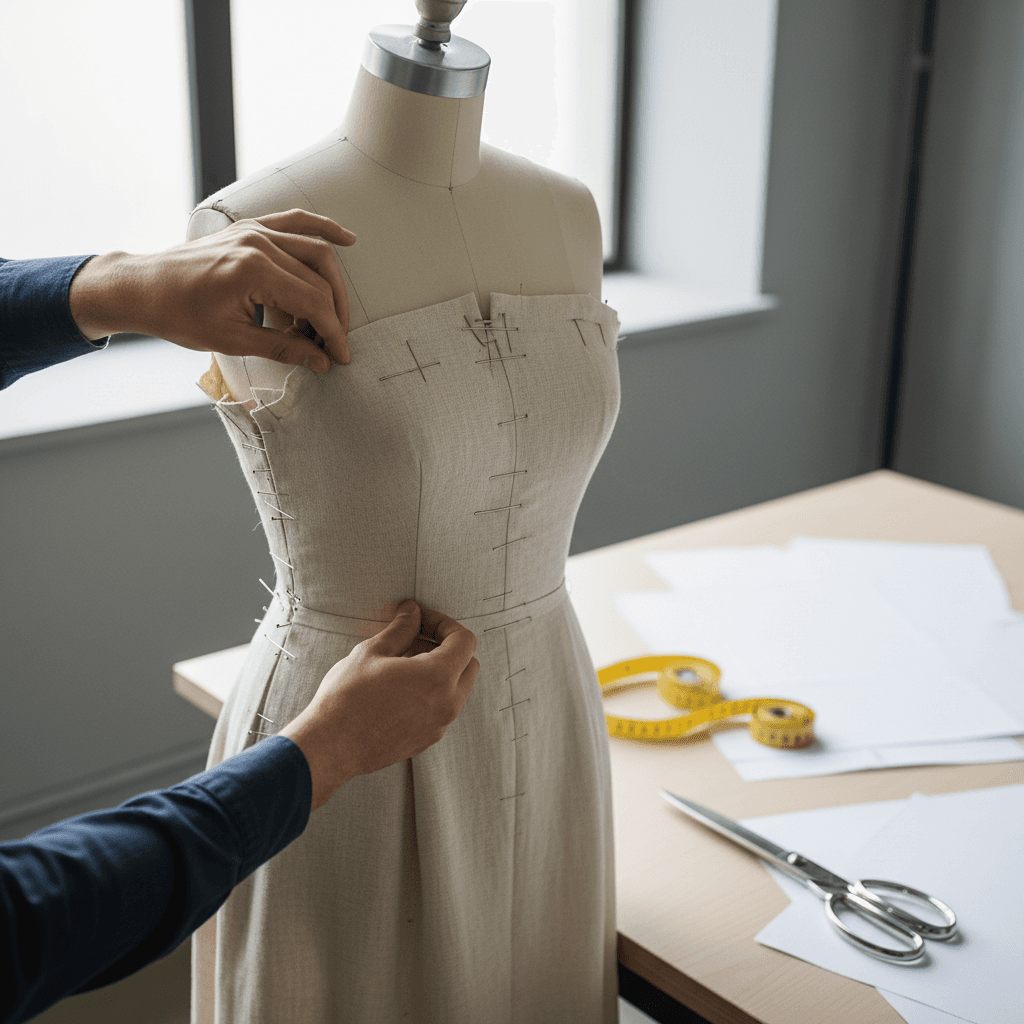 Seamstress pinning a fabric sample on a dress form in a workshop