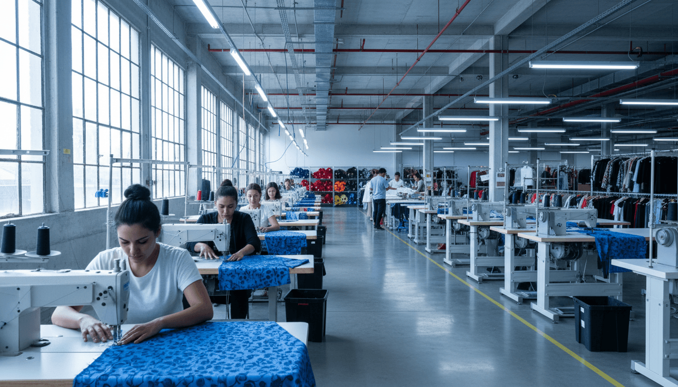 Industrial sewing machine stitching a garment panel with finished clothes nearby