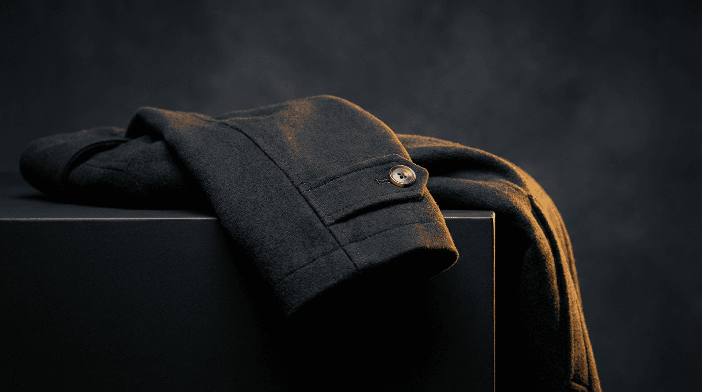 Tailored charcoal wool coat displayed on a dress form